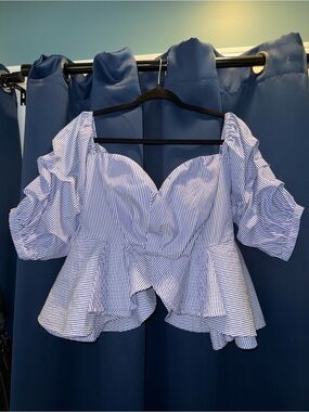 Blue & White Striped Off-Shoulder Ruffle Peplum Blouse